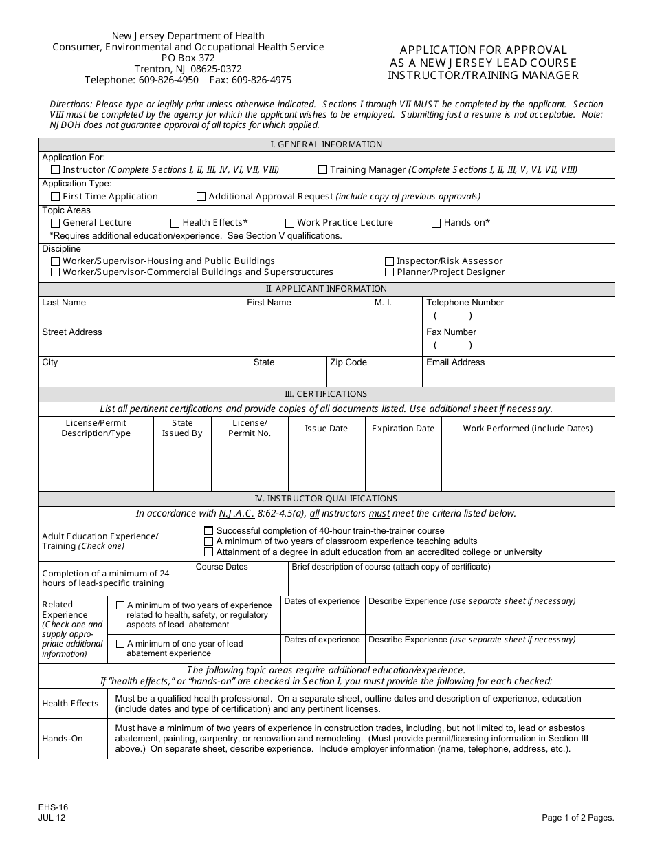 Form EHS-16 Application for Approval as a New Jersey Lead Course Instructor / Training Manager - New Jersey, Page 1