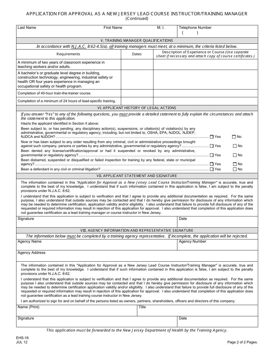Form EHS-16 Application for Approval as a New Jersey Lead Course Instructor / Training Manager - New Jersey, Page 2