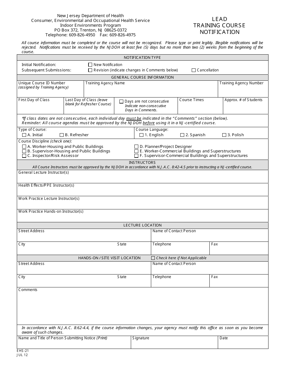 Form EHS-21 Lead Training Course Notification - New Jersey, Page 1