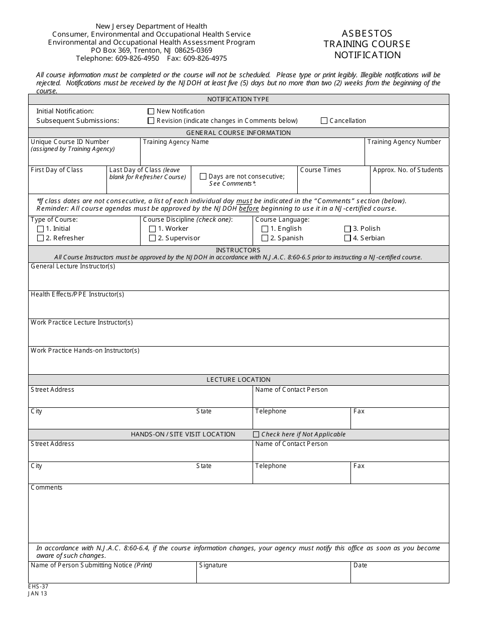 Form EHS-37 Asbestos Training Course Notification - New Jersey, Page 1