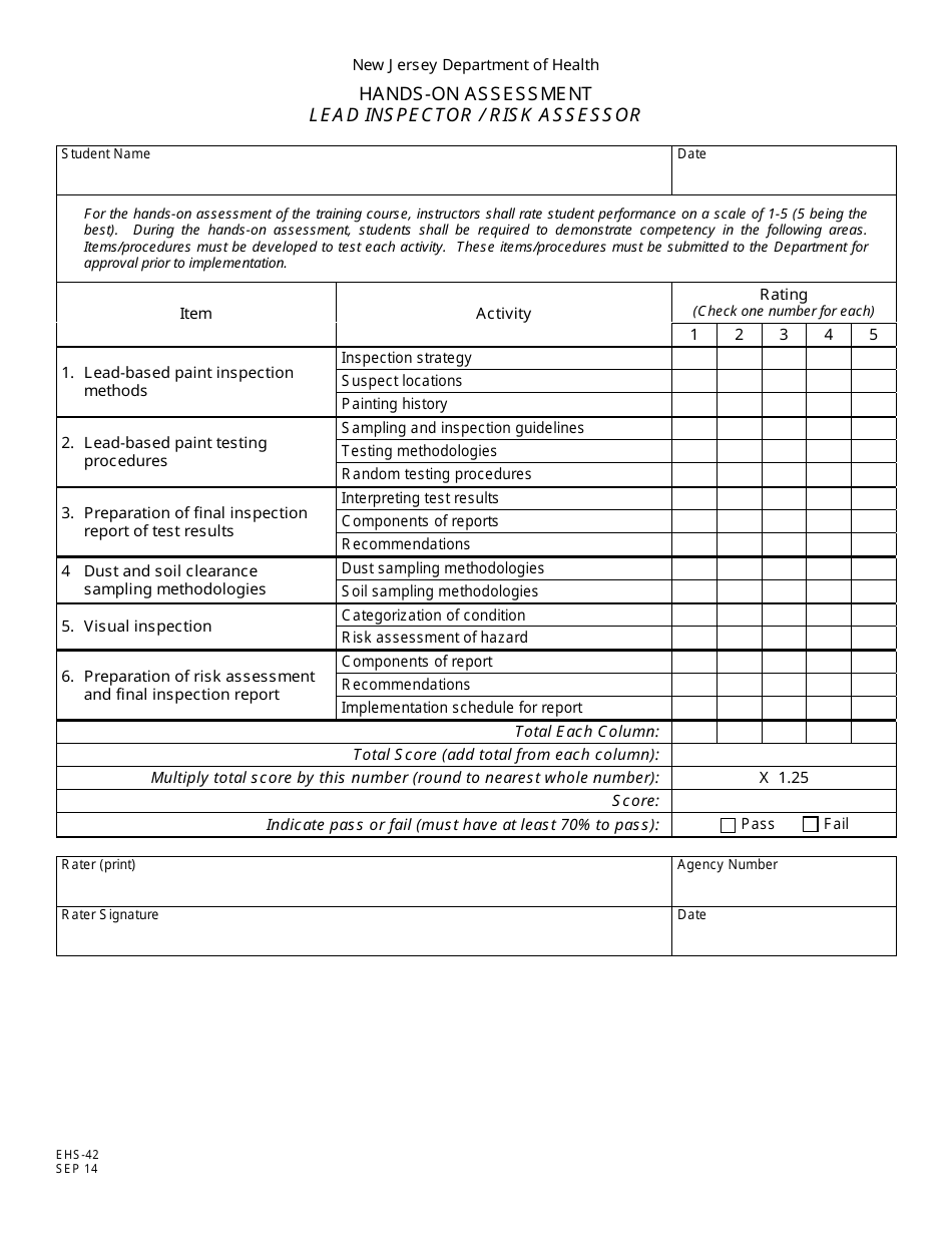 Form EHS-42 Hands-On Assessment Lead Inspector / Risk Assessor - New Jersey, Page 1