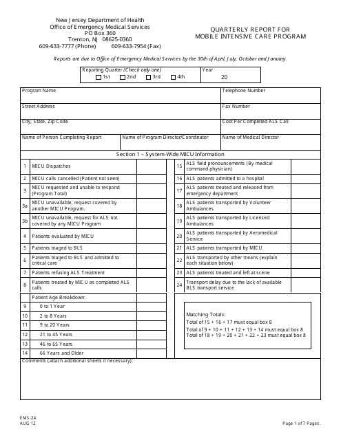 Form EMS-24 Quarterly Report of Mobile Intensive Care Program - New Jersey