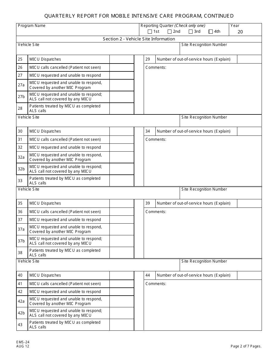Form EMS-24 Quarterly Report of Mobile Intensive Care Program - New Jersey, Page 2