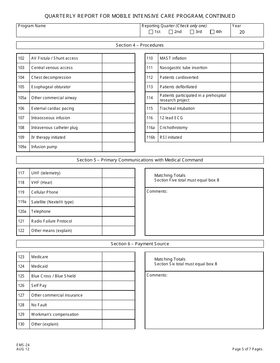 Form EMS-24 Quarterly Report of Mobile Intensive Care Program - New Jersey, Page 5