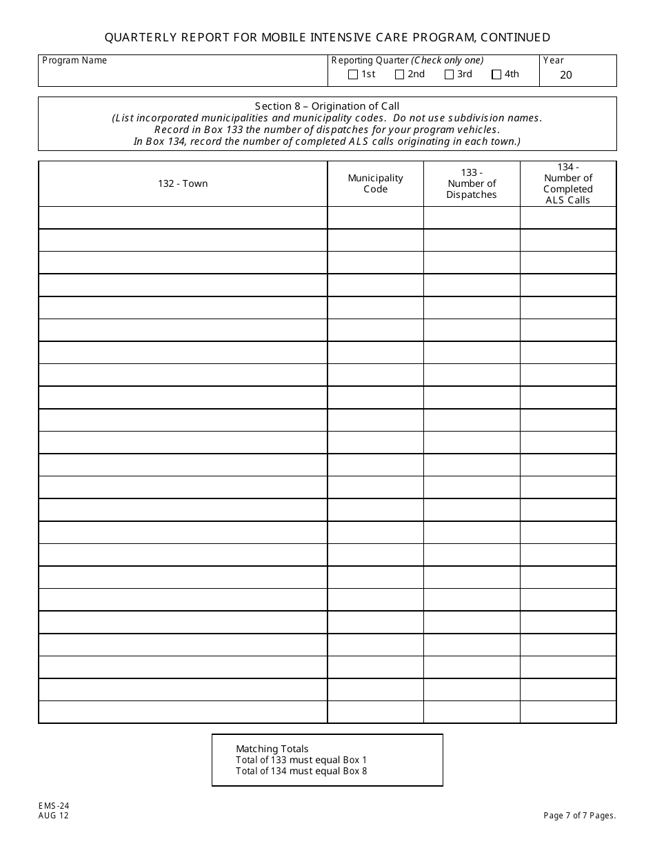 Form EMS-24 Quarterly Report of Mobile Intensive Care Program - New Jersey, Page 7