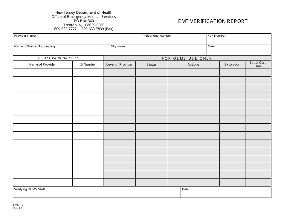 Form EMS-10 Emt Verification Report - New Jersey, Page 1