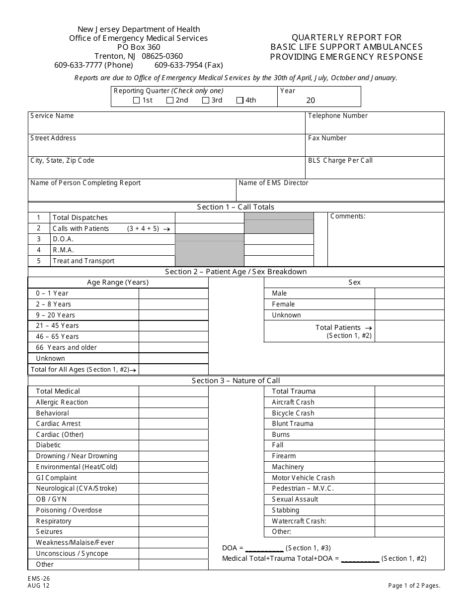 Form EMS26 Download Printable PDF or Fill Online Quarterly Report for