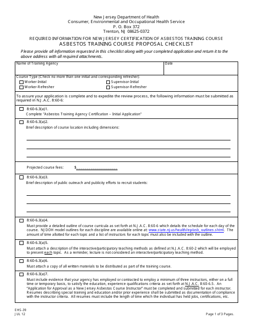Form EHS-39 Asbestos Training Course Proposal Checklist - New Jersey