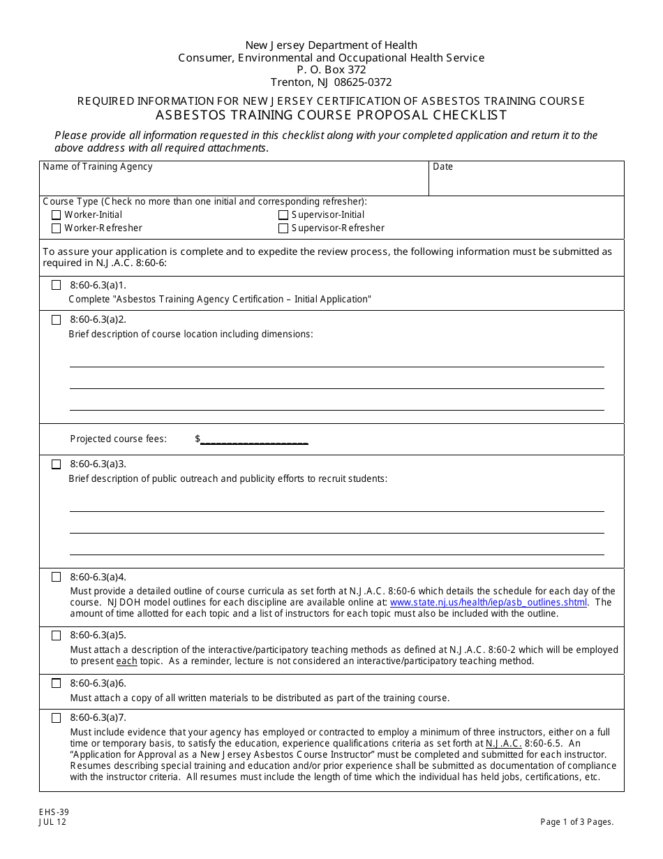Form EHS-39 Asbestos Training Course Proposal Checklist - New Jersey, Page 1