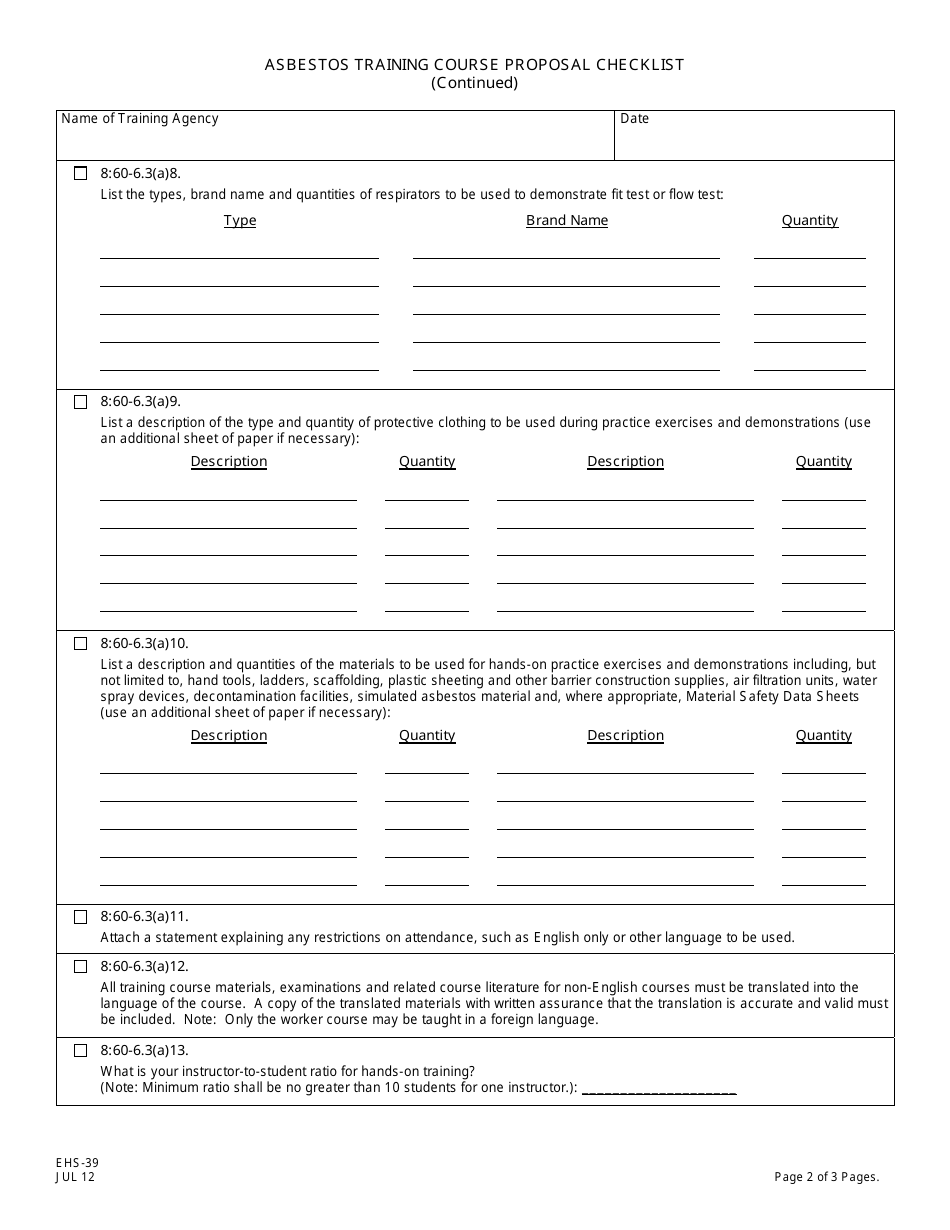 Form EHS-39 Asbestos Training Course Proposal Checklist - New Jersey, Page 2