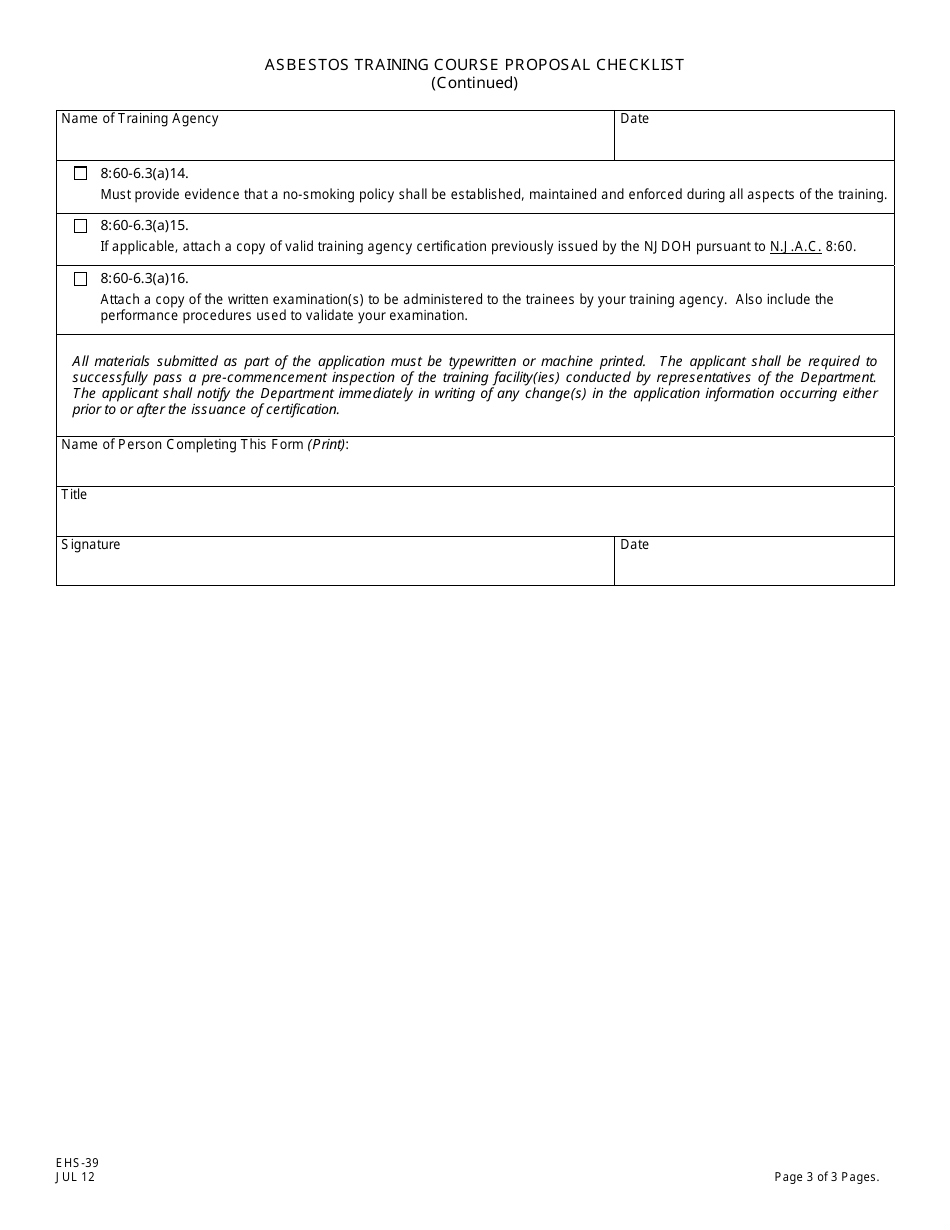 Form EHS-39 Asbestos Training Course Proposal Checklist - New Jersey, Page 3