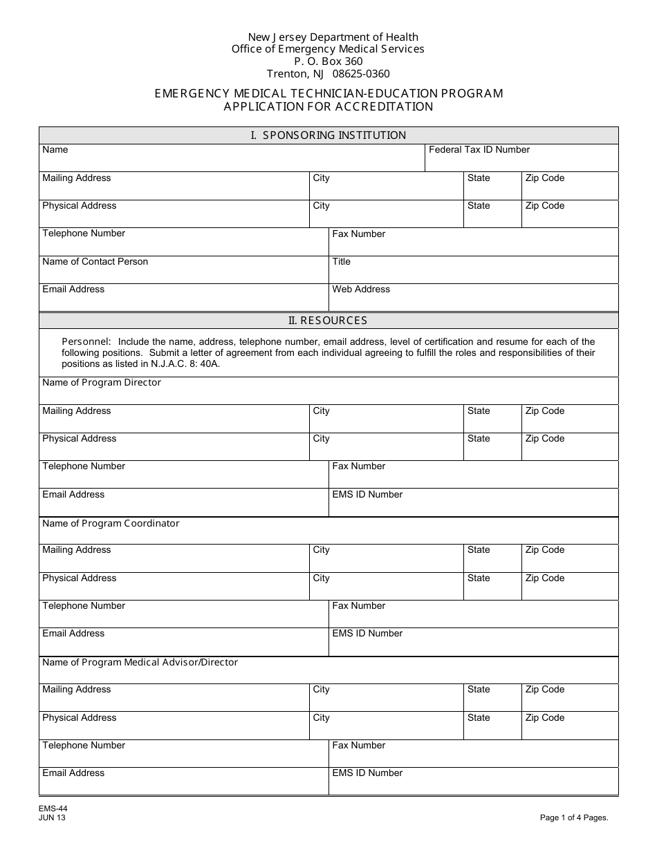 Form EMS-44 Emergency Medical Technician-Education Program Application for Accreditation - New Jersey, Page 1