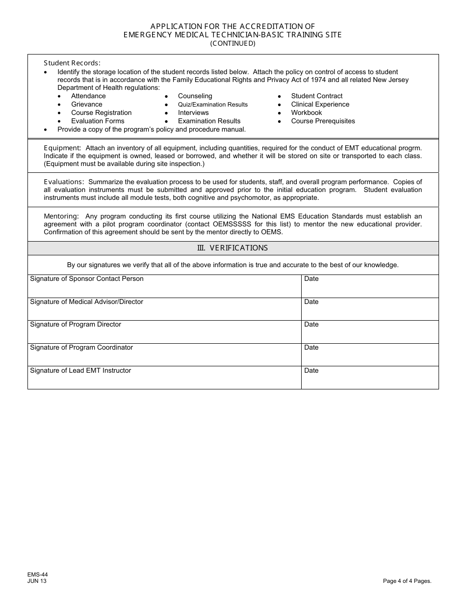 Form EMS-44 Emergency Medical Technician-Education Program Application for Accreditation - New Jersey, Page 4