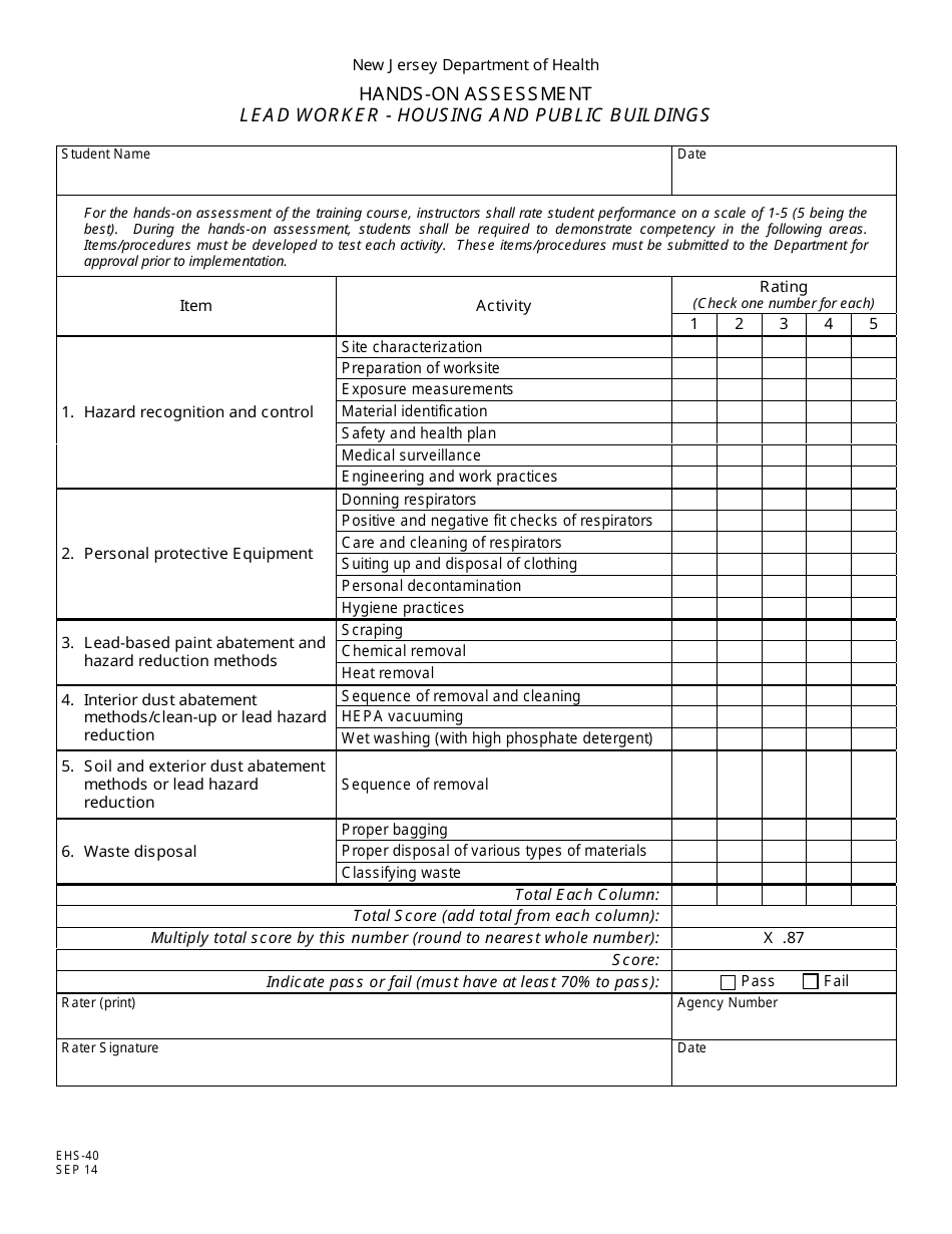 Form EHS-40 Hands-On Assessment Lead Worker - Housing and Public Buildings - New Jersey, Page 1