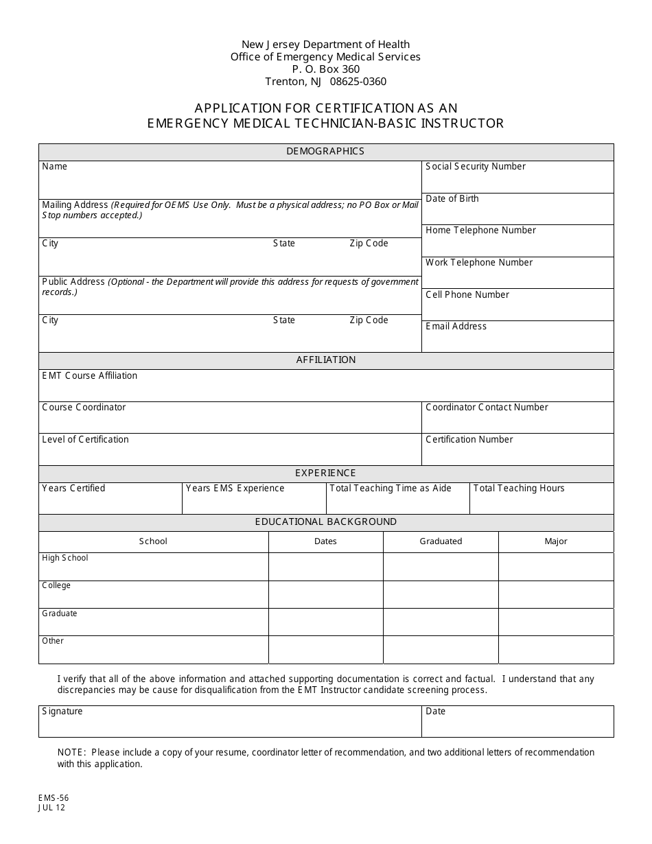 Form EMS-56 Application for Certification as an Emergency Medical Technician-Basic Instructor - New Jersey, Page 1