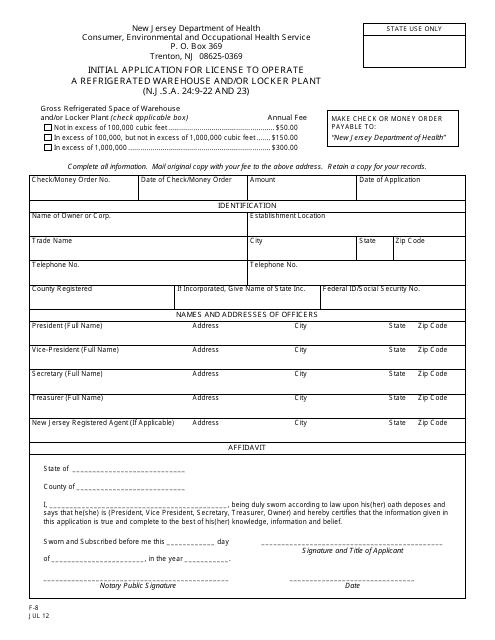 Form F-8 Initial Application for License to Operate a Refrigerated Warehouse and/or Locker Plant - New Jersey