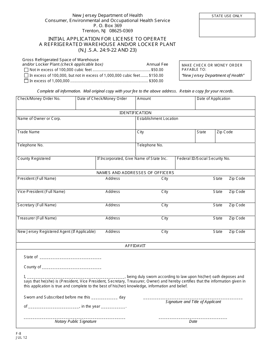 Form F-8 Initial Application for License to Operate a Refrigerated Warehouse and / or Locker Plant - New Jersey, Page 1