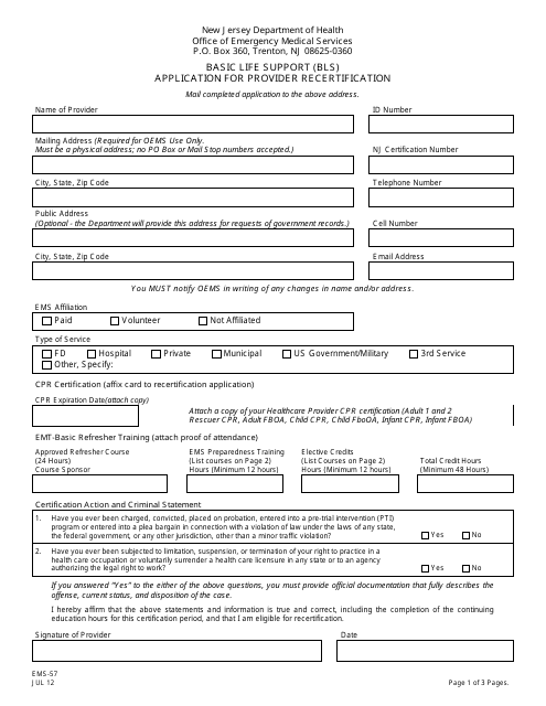 Form EMS-57 Basic Life Support (Bls) Application for Provider Recertification - New Jersey