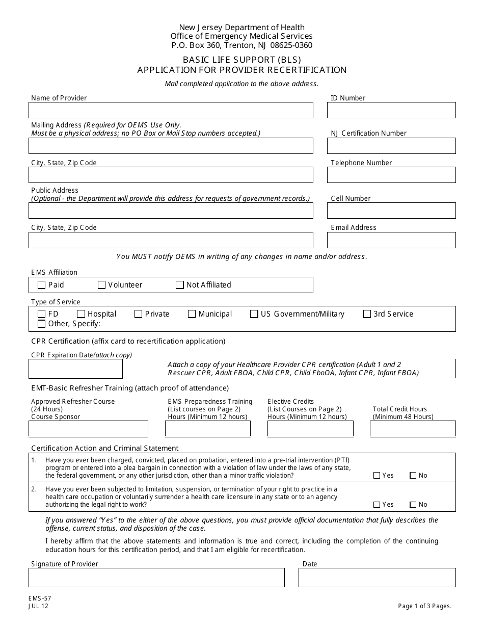 Form EMS-57 Basic Life Support (Bls) Application for Provider Recertification - New Jersey, Page 1
