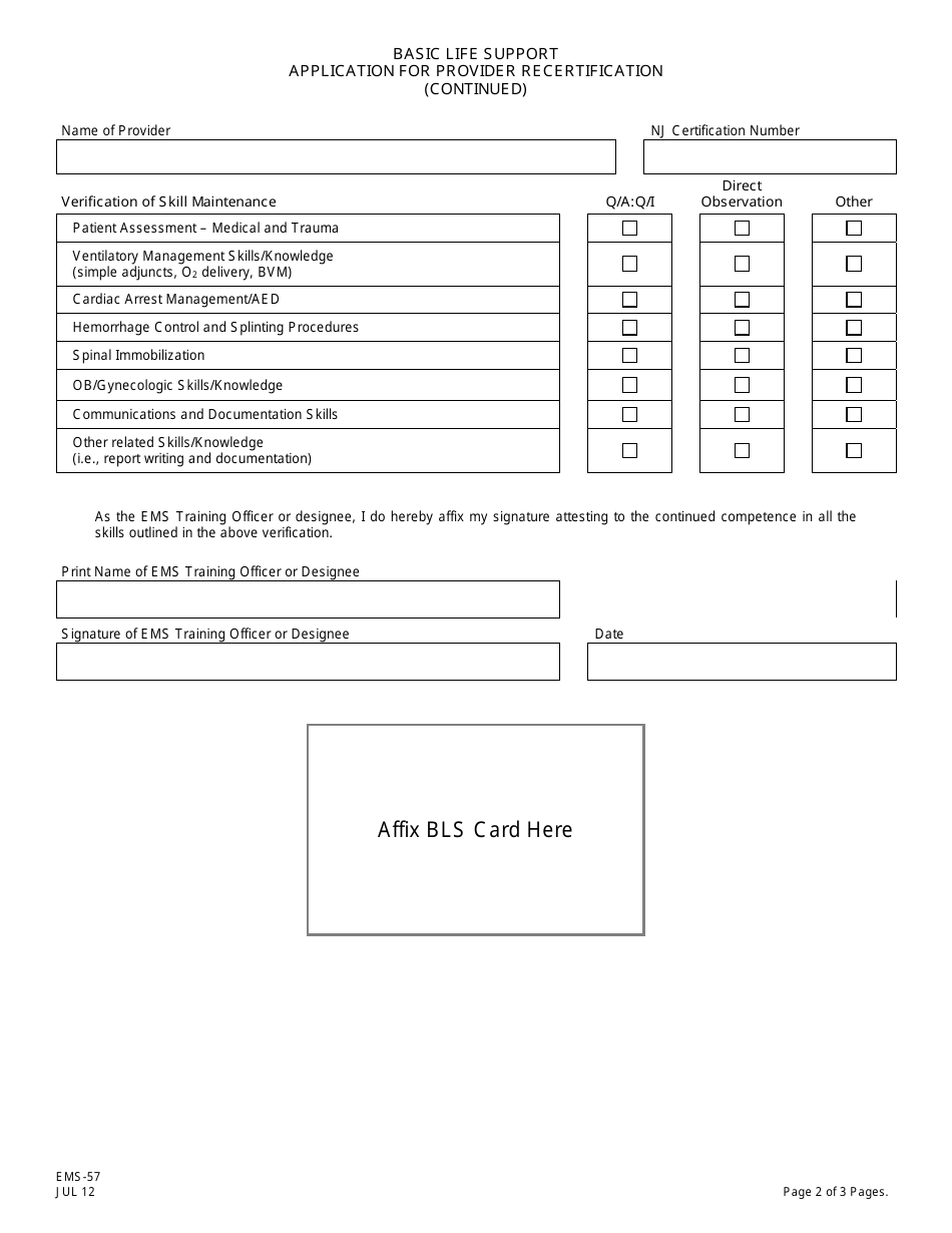 Form EMS-57 Basic Life Support (Bls) Application for Provider Recertification - New Jersey, Page 2