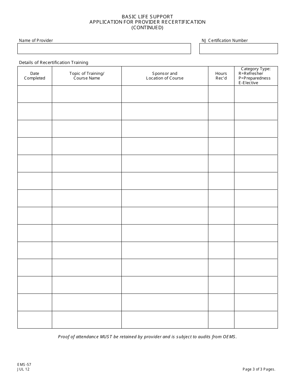 Form EMS-57 Basic Life Support (Bls) Application for Provider Recertification - New Jersey, Page 3