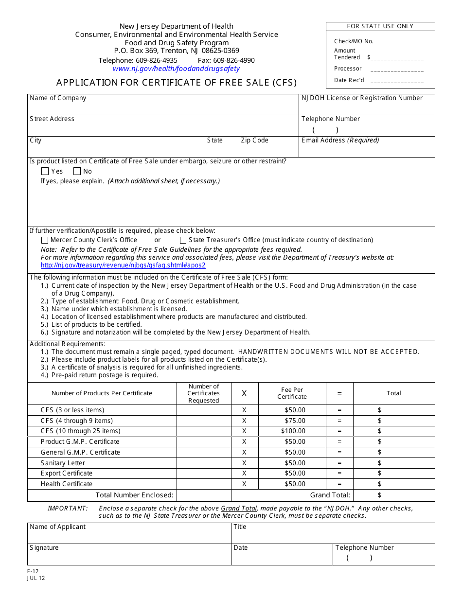 Form F-12 Application for Certificate of Free Sale (Cfs) - New Jersey, Page 1