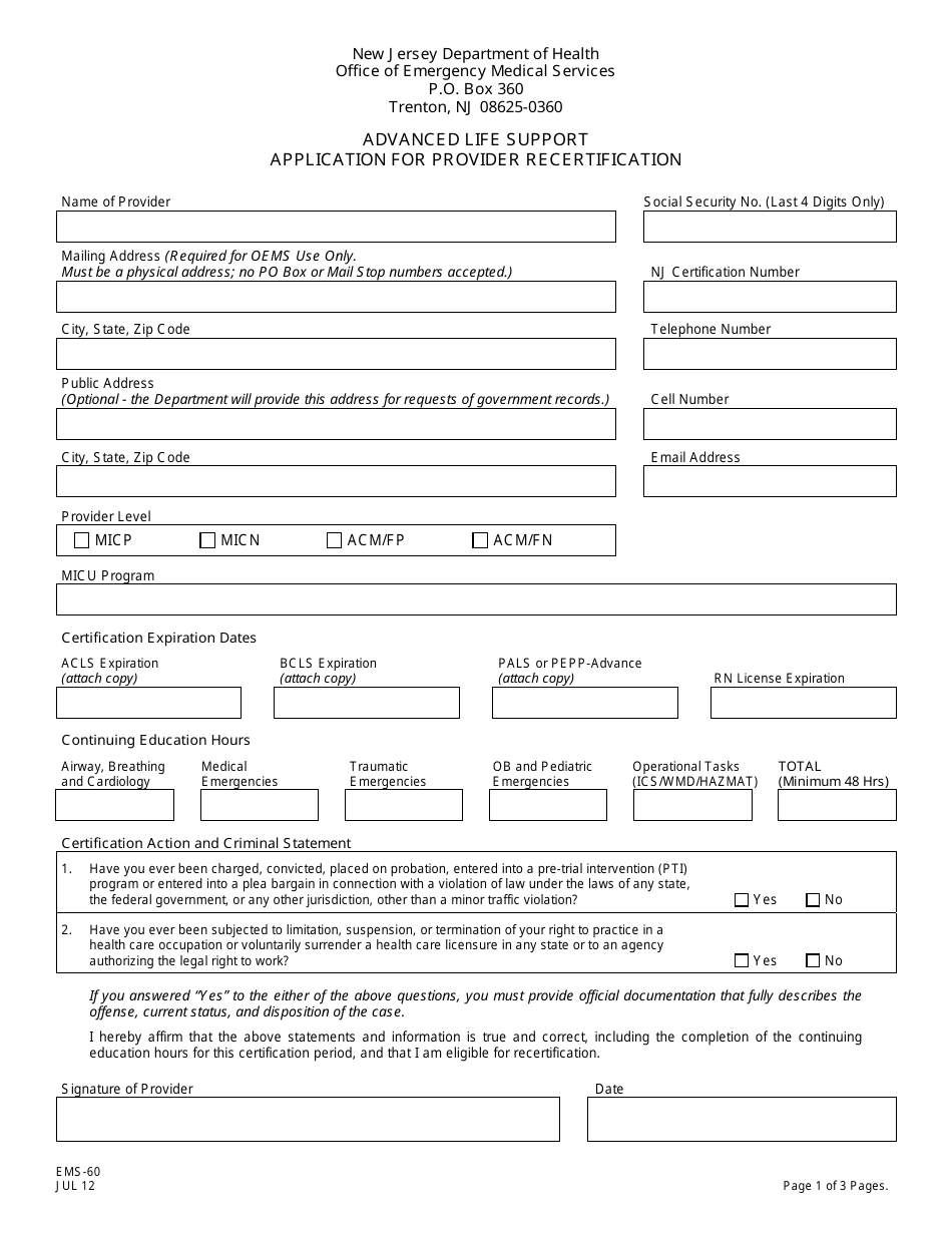 Form EMS-60 Advanced Life Support Application for Provider Recertification - New Jersey, Page 1
