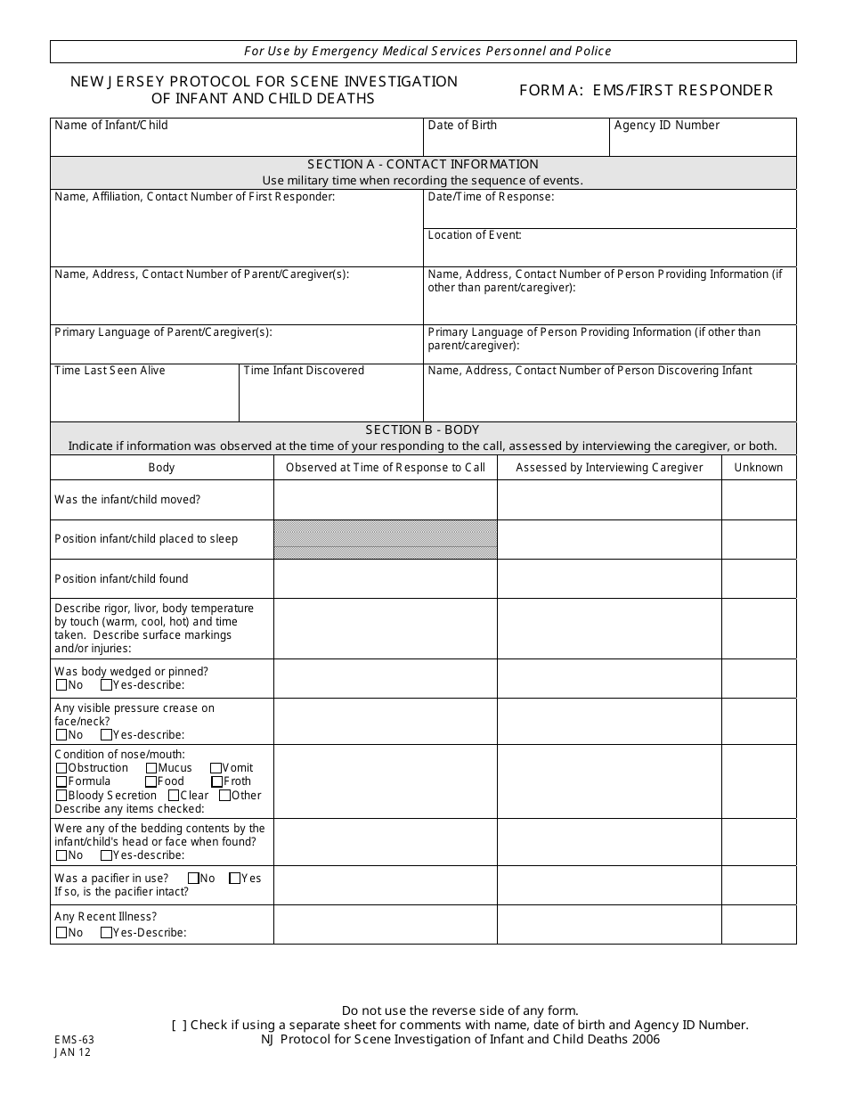 Form A (EMS-63) EMS First Responder Nj Protocol for Scene Investigations of Infant and Child Deaths - New Jersey, Page 1