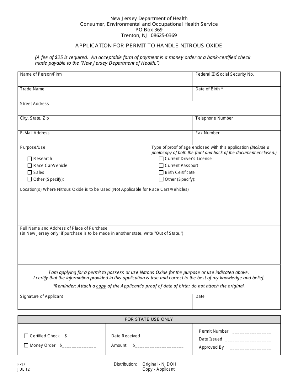Form F-17 Application for Permit to Handle Nitrous Oxide - New Jersey, Page 1