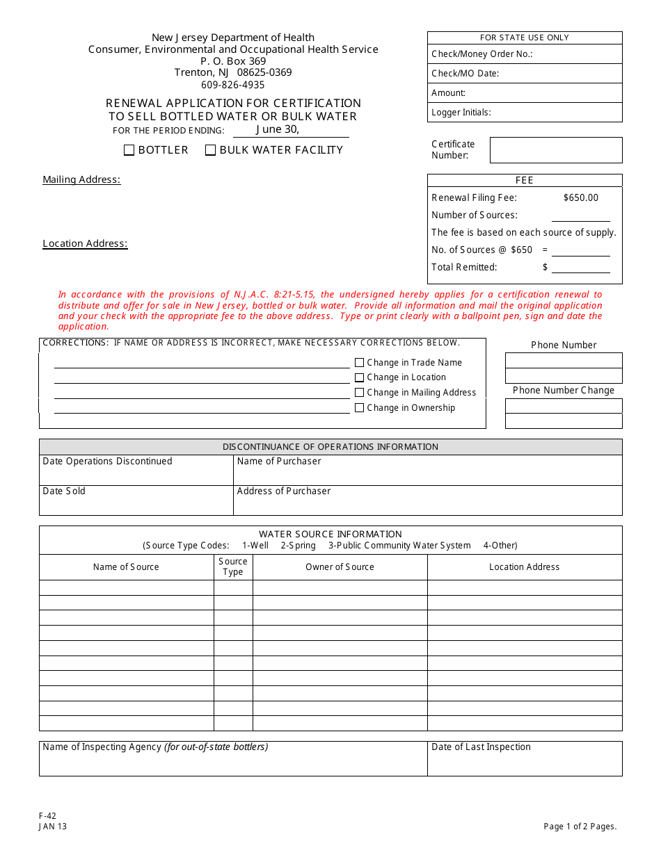 Form F-42 Renewal Application for Certification to Sell Bottled Water or Bulk Water - New Jersey, Page 1