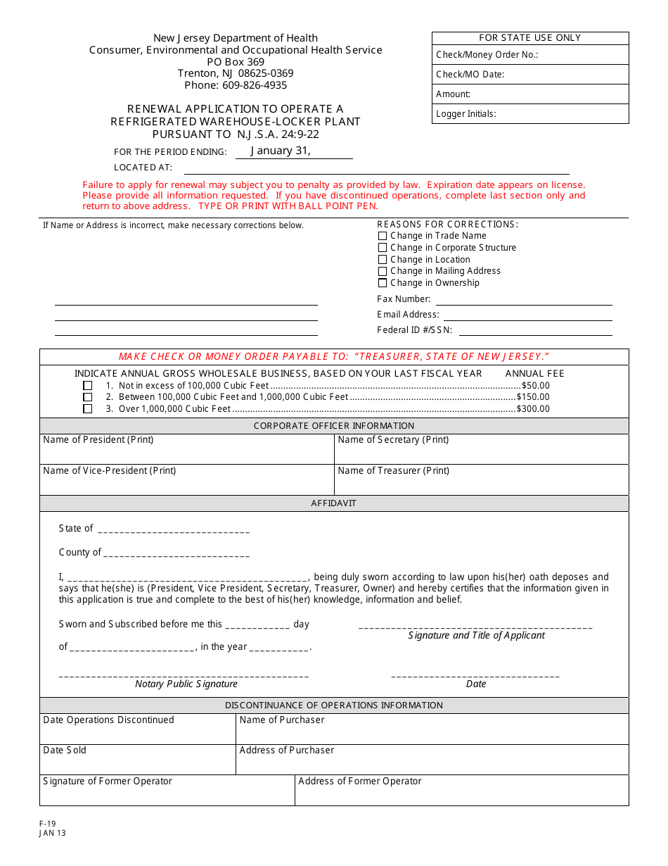 Form F-19 Renewal Application to Operate a Refrigerated Warehouse-Locker Plant - New Jersey, Page 1