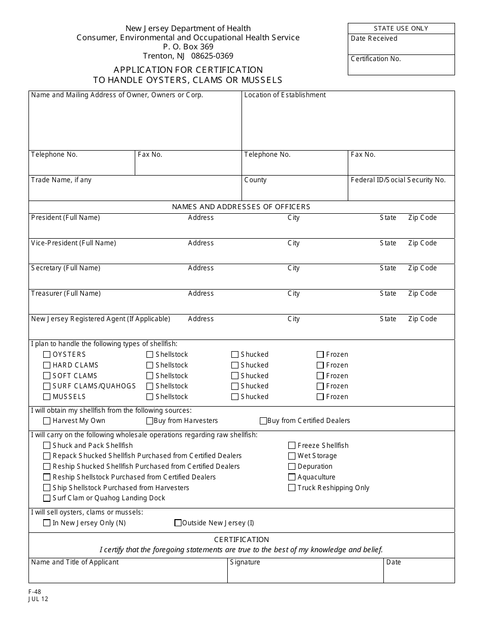 Form F-48 Application for Certification to Handle Oysters, Clams or Mussels - New Jersey, Page 1