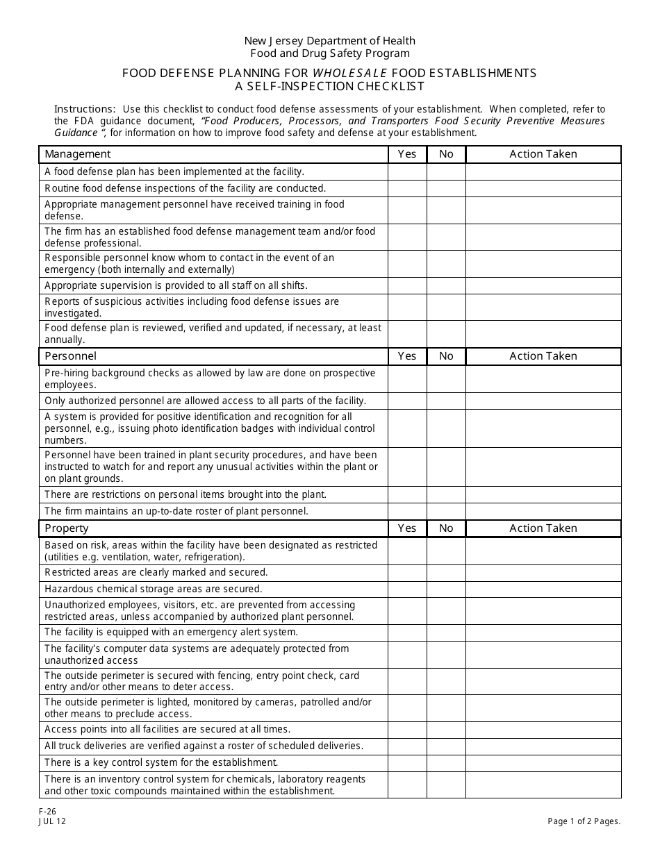 Form F-26 Self-inspection Checklist for Wholesale Food Establishments - New Jersey, Page 1