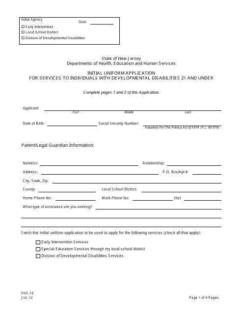 Form FHS-16 Initial Uniform Application for Services to Individuals With Developmental Disabilities 21 and Under - New Jersey