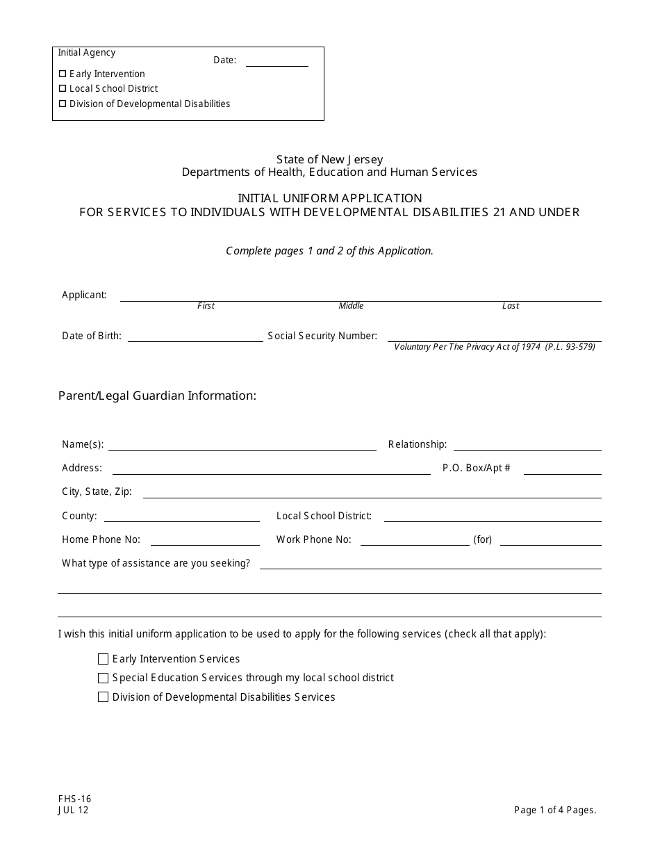 Form FHS-16 Initial Uniform Application for Services to Individuals With Developmental Disabilities 21 and Under - New Jersey, Page 1