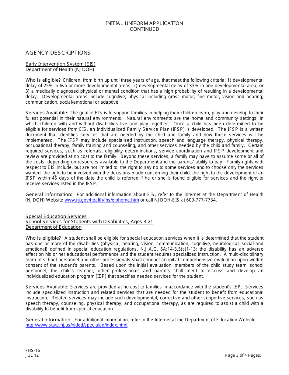 Form FHS-16 Initial Uniform Application for Services to Individuals With Developmental Disabilities 21 and Under - New Jersey, Page 3