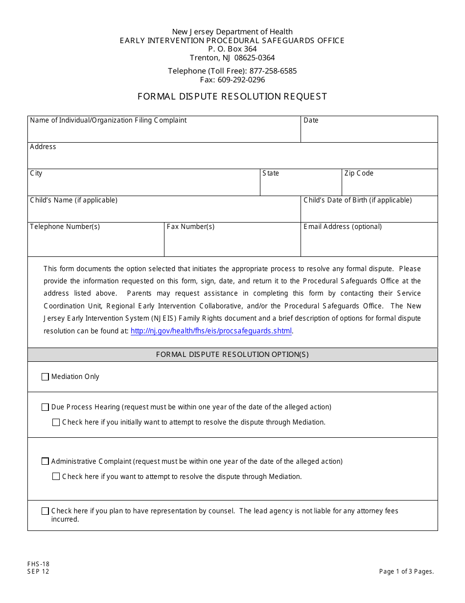 Form FHS-18 Formal Dispute Resolution Request - New Jersey, Page 1