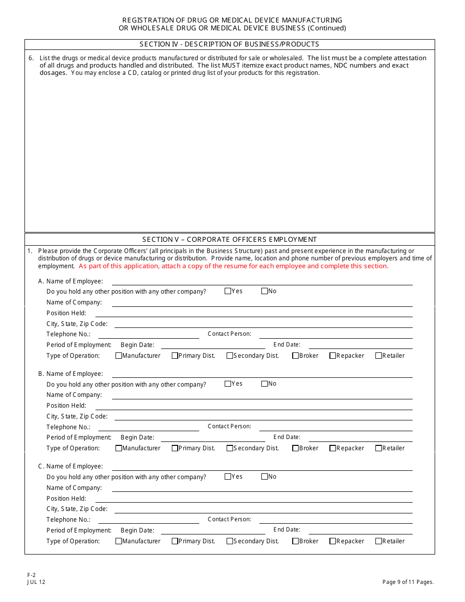 Form F-2 Registration of Drug or Medical Device Manufacturing or Wholesale Drug or Medical Device Business - New Jersey, Page 10