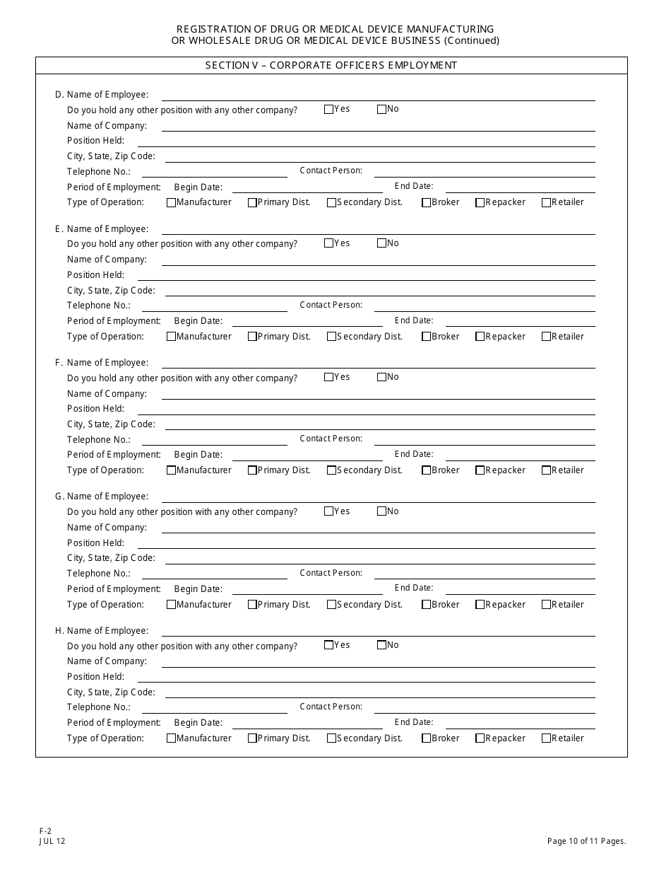 Form F-2 Registration of Drug or Medical Device Manufacturing or Wholesale Drug or Medical Device Business - New Jersey, Page 11