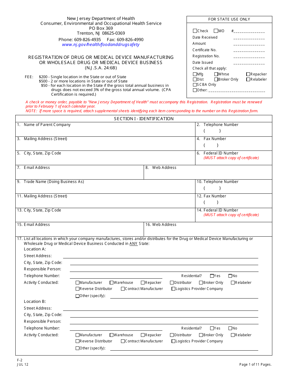 Form F-2 Registration of Drug or Medical Device Manufacturing or Wholesale Drug or Medical Device Business - New Jersey, Page 2