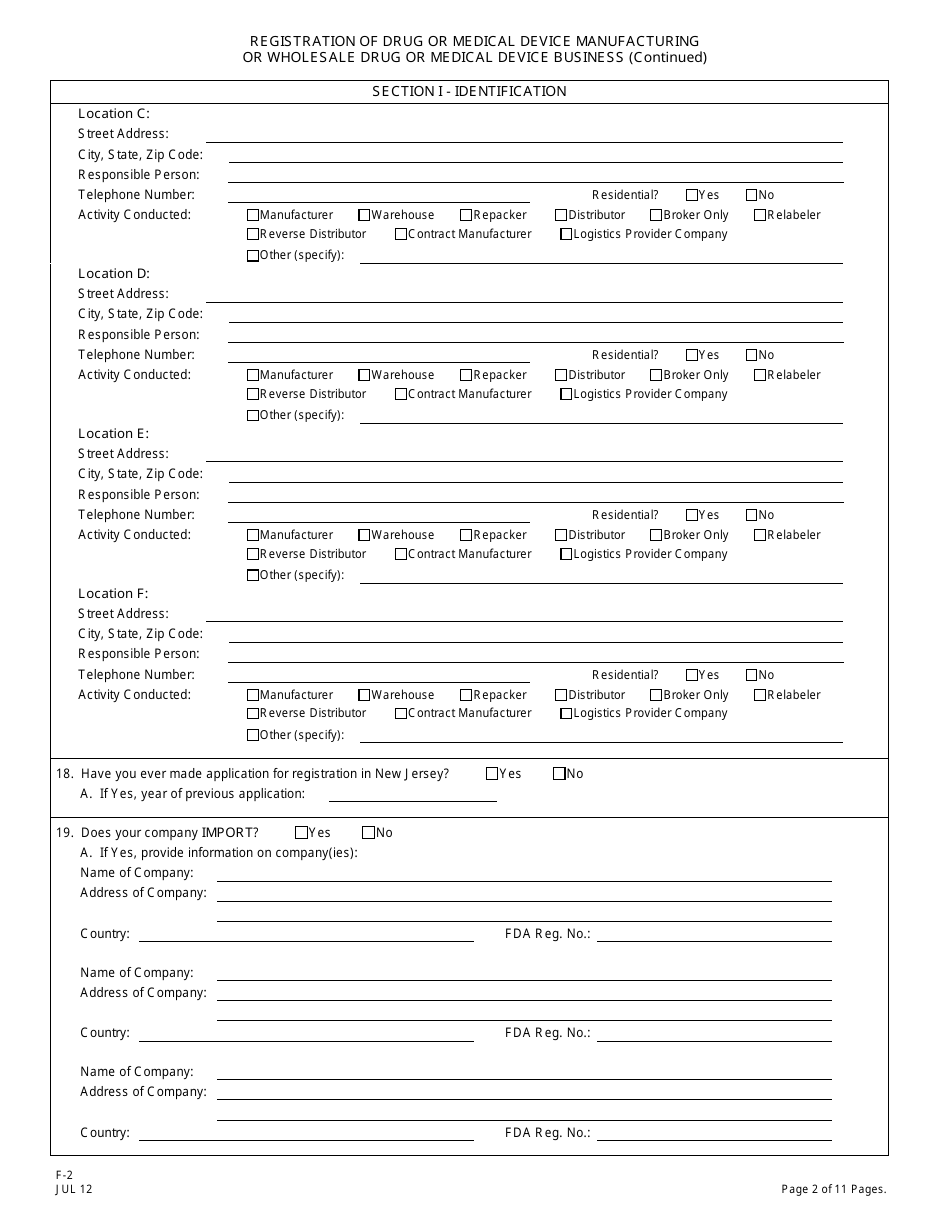 Form F-2 Registration of Drug or Medical Device Manufacturing or Wholesale Drug or Medical Device Business - New Jersey, Page 3