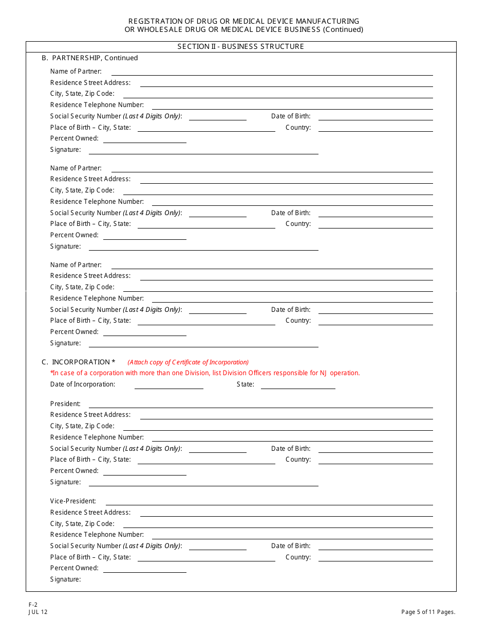Form F-2 Registration of Drug or Medical Device Manufacturing or Wholesale Drug or Medical Device Business - New Jersey, Page 6