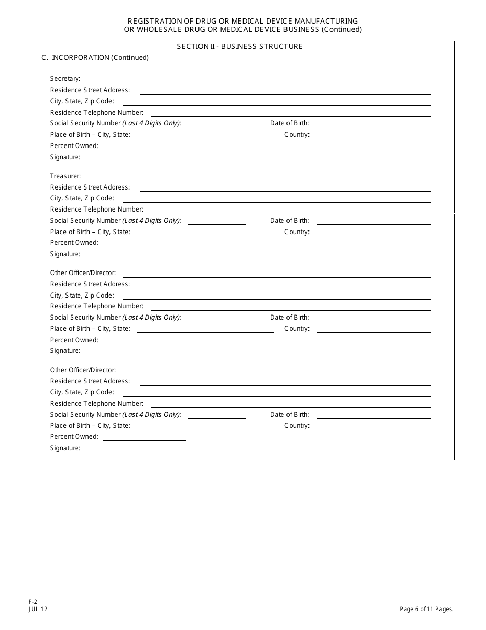 Form F-2 Registration of Drug or Medical Device Manufacturing or Wholesale Drug or Medical Device Business - New Jersey, Page 7