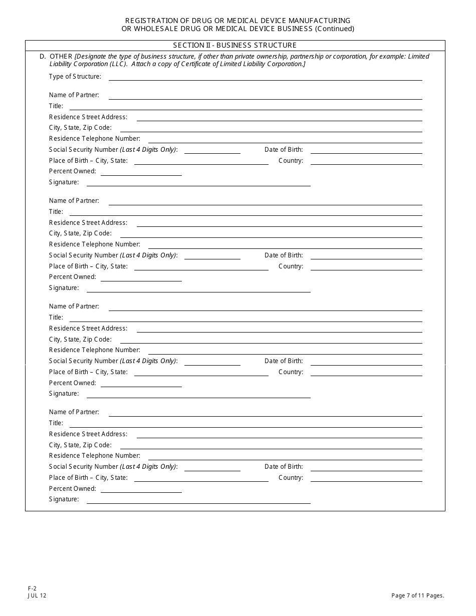 Form F-2 Registration of Drug or Medical Device Manufacturing or Wholesale Drug or Medical Device Business - New Jersey, Page 8