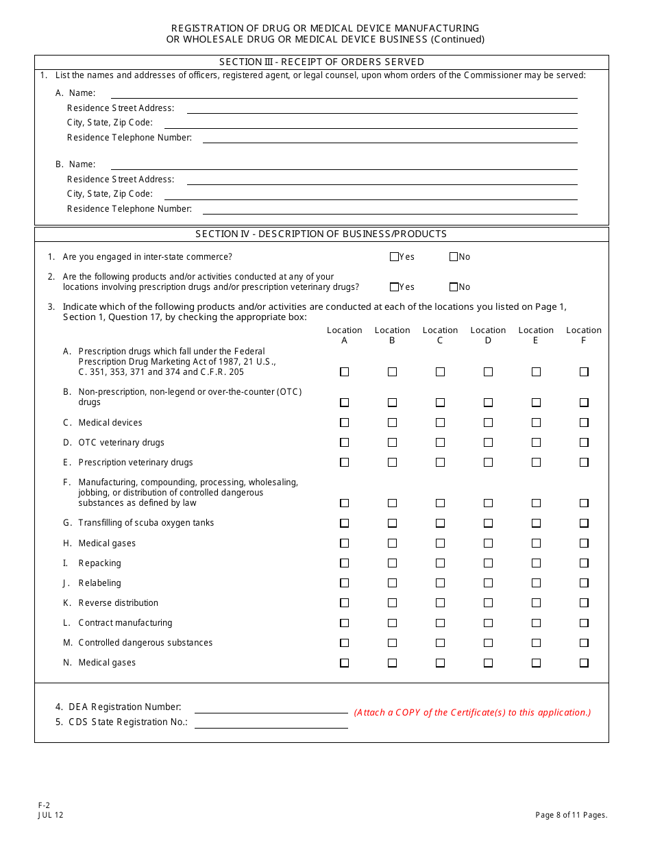 Form F-2 Registration of Drug or Medical Device Manufacturing or Wholesale Drug or Medical Device Business - New Jersey, Page 9
