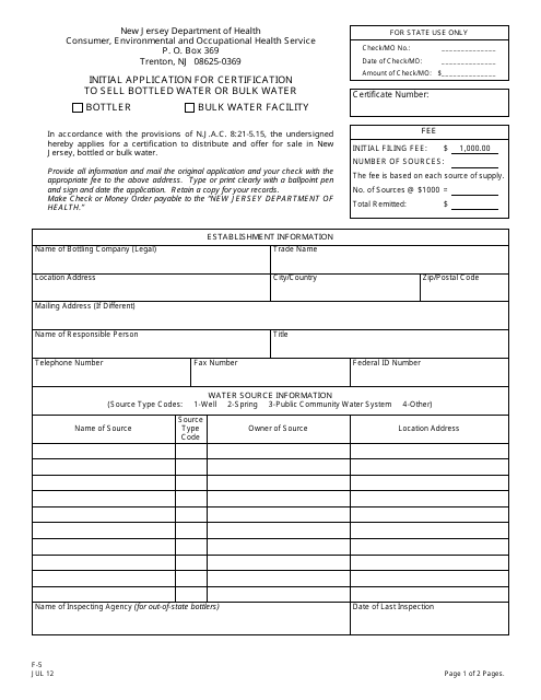 Form F-5 Initial Application for Certification to Sell Bottled Water or Bulk Water - New Jersey