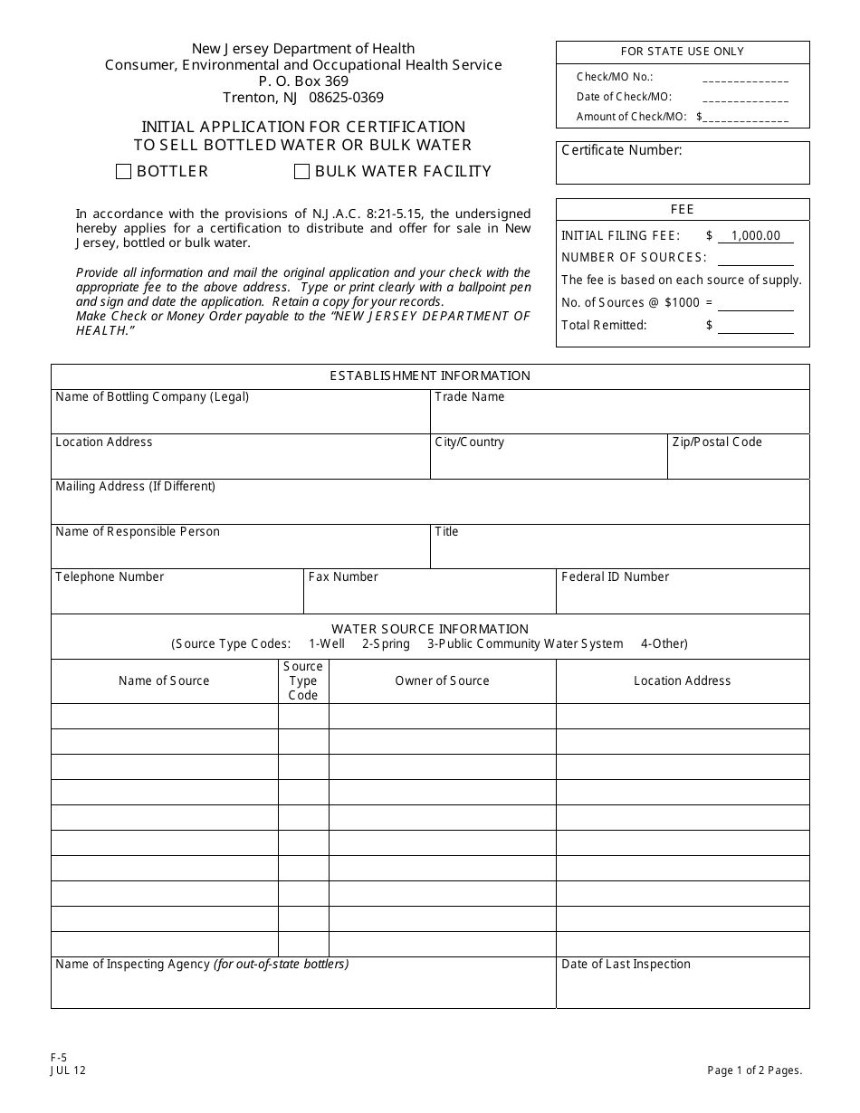 Form F-5 Initial Application for Certification to Sell Bottled Water or Bulk Water - New Jersey, Page 1