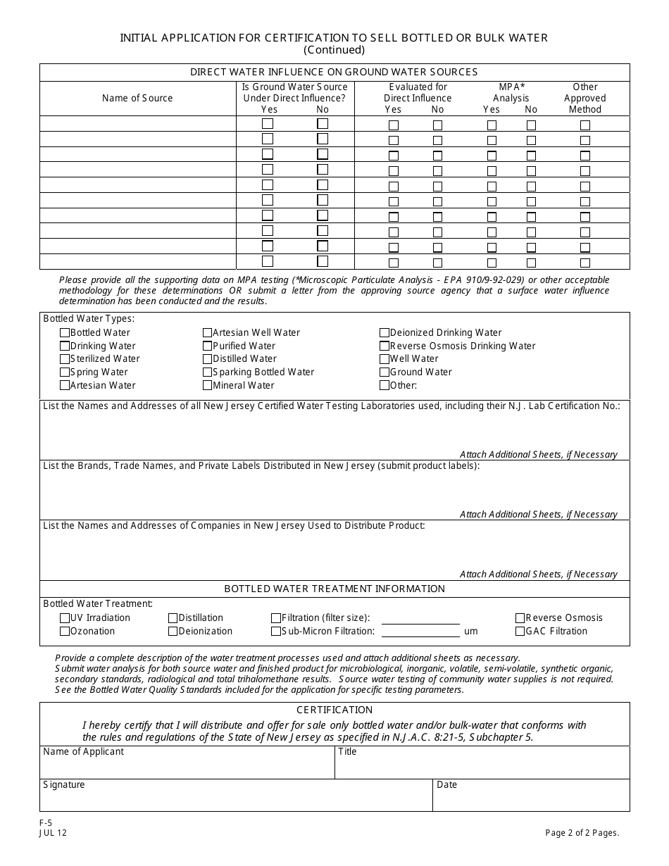 Form F-5 Initial Application for Certification to Sell Bottled Water or Bulk Water - New Jersey, Page 2