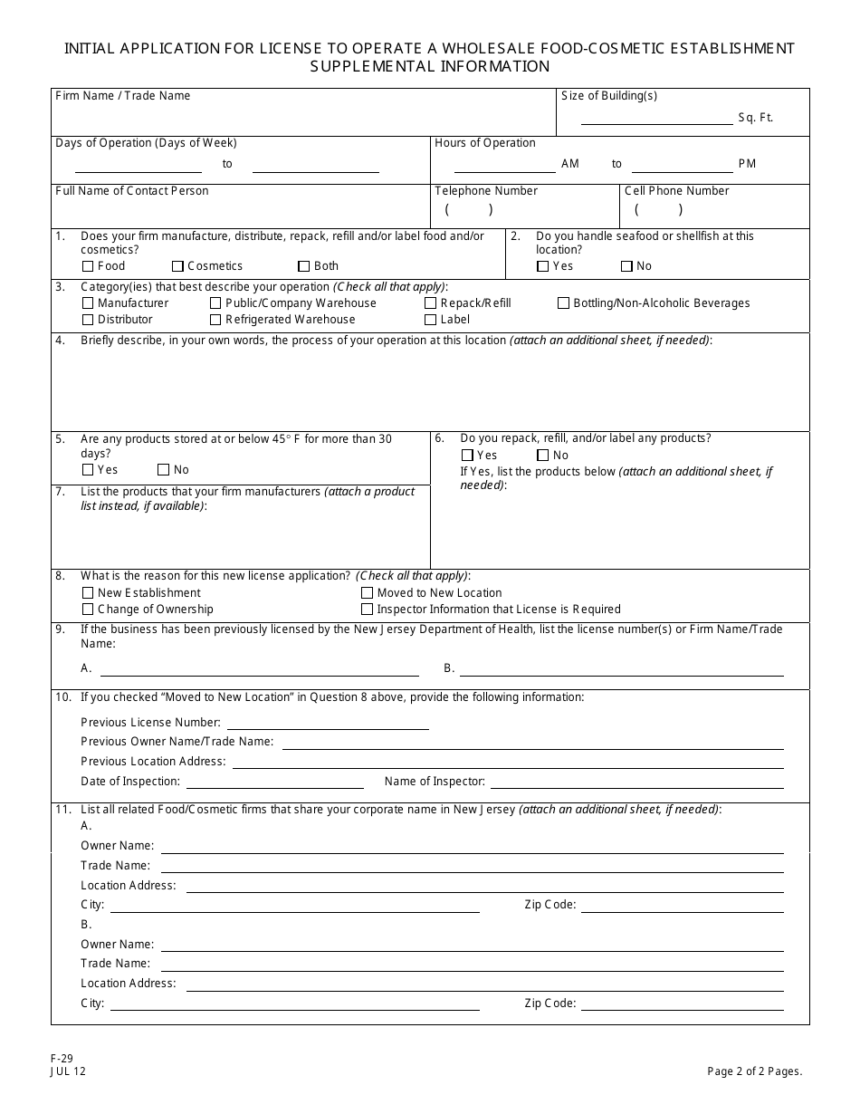 Form F-29 Initial Application for License to Operate a Wholesale Food-Cosmetic Establishment - New Jersey, Page 2