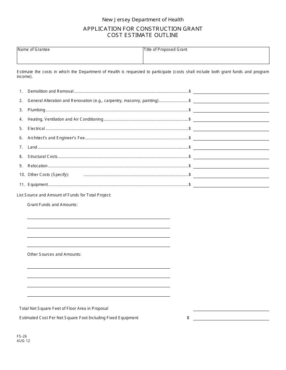 Form FS-26 Application for Construction Grant Cost Estimate Outline - New Jersey, Page 2